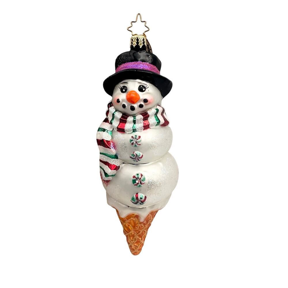Christopher Radko Glass Red Green Mint Scarf Snowman Sundae Ice Cream Ornament